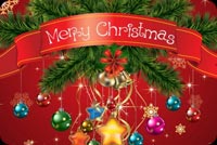 Merry Christmas Ribbon & Ornaments Background