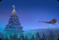 Santa Claus Reindeer Sleigh Flying Christmas Tree Background