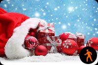 Animated Santa Hat Gifts, Ornaments With Snow Effect Background