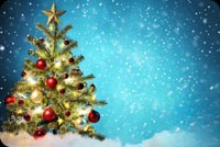 Animated Decorated Christmas Tree in Falling Snow email background