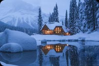 Animated: Winter Cabin Reflected in Snowy Lake email background