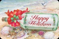 Happy Holidays Message In A Bottle On Beach Background