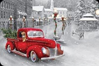 Animated: Red Vintage Car in Snowy Town email background