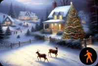 Animated: Enchanting Snowy Christmas Scene: Nighttime Houses, Deers, And Glowing Tree Background