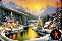 Animated: Whimsical Christmas Scene: Snowy Church, River, And Deer Amidst Nature Background