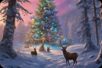 Majestic Christmas Tree In Enchanting Forest With Graceful Reindeers Background