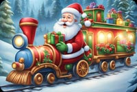 Cheerful Santa, Train Ride Through The Forest Of Gift Delivery Background