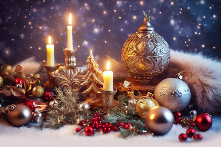 Festive Holiday Celebration Email Background: Candles, Ornaments, and ...