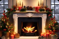 Cozy Christmas Fireplace Email Background: Pine Branches, Candles, And Decorations Background