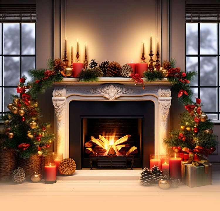 Cozy Christmas Fireplace Email Background: Pine Branches, Candles, and ...