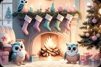 Heartwarming Christmas Owls Email Background: Cozy Fireside And Stockings Background