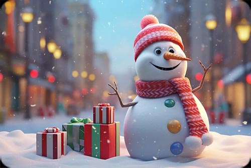 Animated: Snowman with Gifts in Holiday Town email background