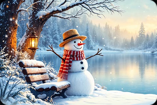 Peaceful Snowman By The Lake Background