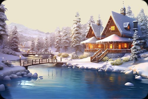 Winter Lodge By The River Background