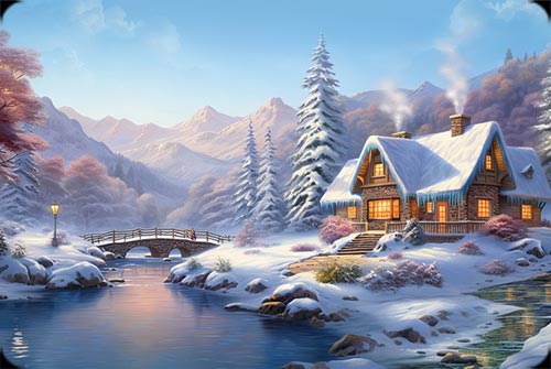 Snowy Cottage Serenity Background
