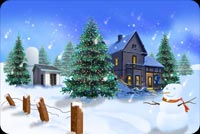 Christmas Trees, House, Snowman Background