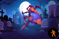 Animated Cute Floating Witch In Cemetery Background