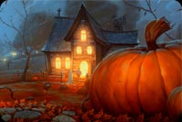 Halloween House & Big Pumpkin Background