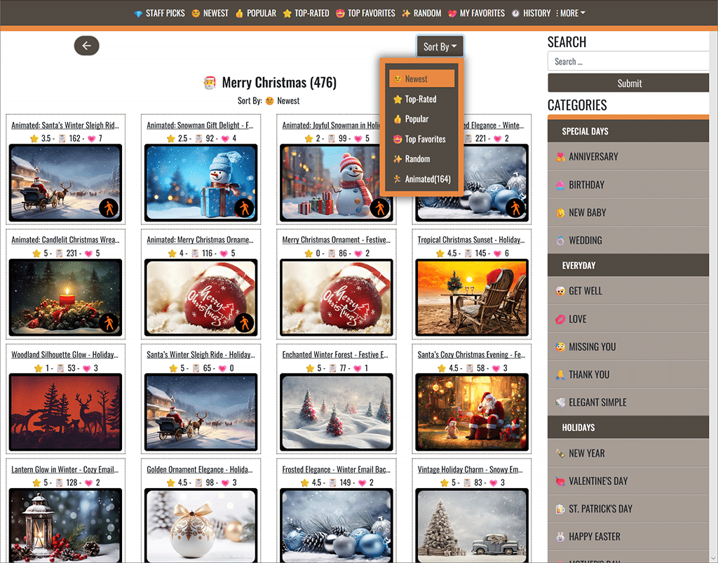 Browse email background categories and sort options