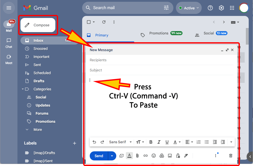 Click inside a new email message