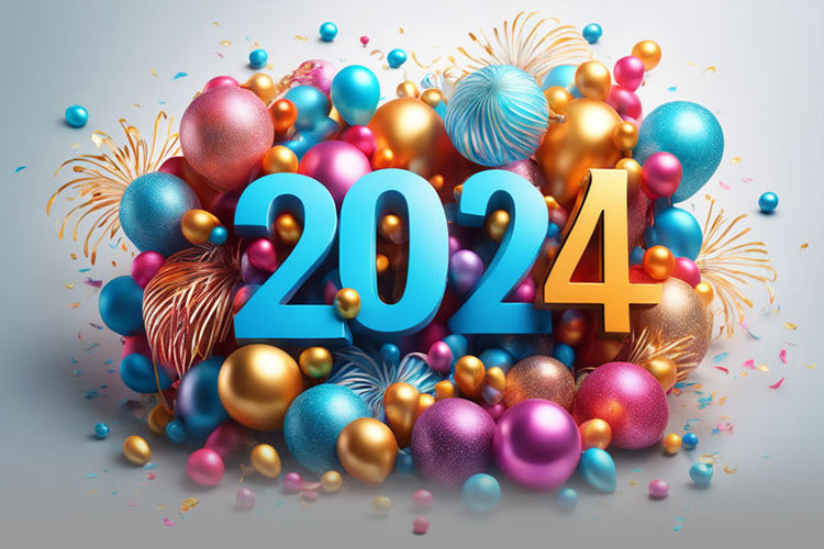 Vibrant 2024 New Year Email Background Colorful Confetti and Fireworks