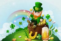 Leprechaun Sits On Pot Of Gold Background