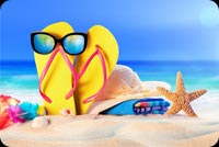 Summer Sandy Beach,  Starfish, Sunglasses, Flip-flops Background