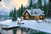 Animated: Snowy Cabin by Lake email background